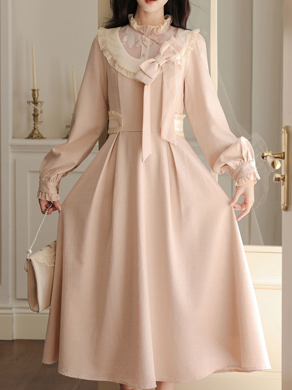 Vintage Pink Bow Long Sleeve Swing Dress