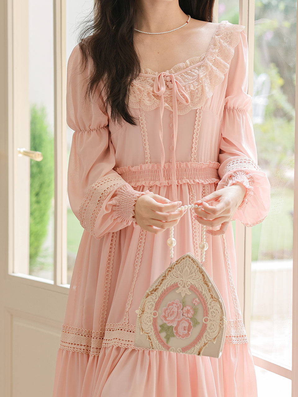 Pink Lace Long Sleeve Victorian Square Neck Vintage Dress
