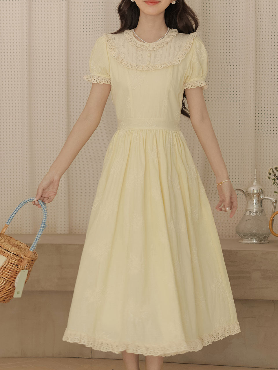 Retro Yellow Puff-Sleeve Dress