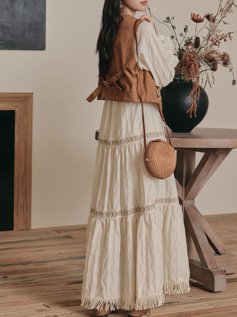 Bohemian White Embroidered Cotton Tassel Hem Maxi Dress