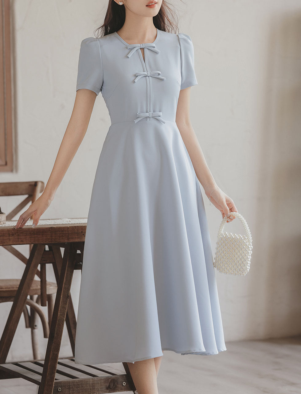 Light Blue Bow Collar 1950S Vintage Dress