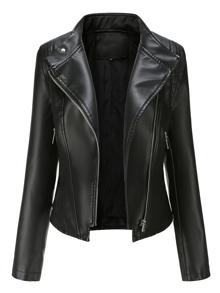 Navy Long Sleeve PU Leather Motorcycle Jacket