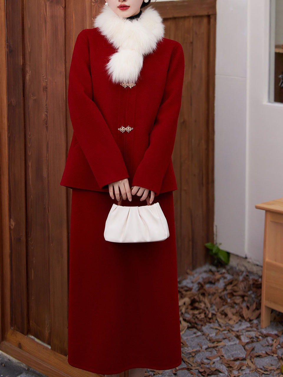 2PS Red Round Collar Long Sleeve Wool Coat