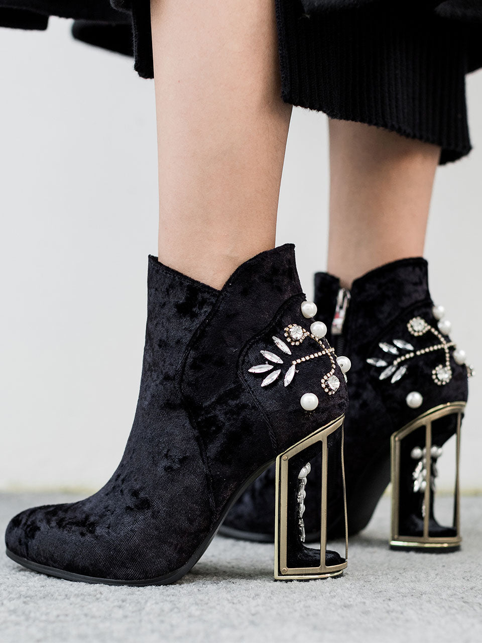 9CM Luxury Pearls And Diamonds Flowers Chunky High Heel Bootie Vintage Shoes