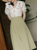 2PS Green Peter Pan Collar Lace Tulip Embroidered Shirt And Swing Skirt Dress Set