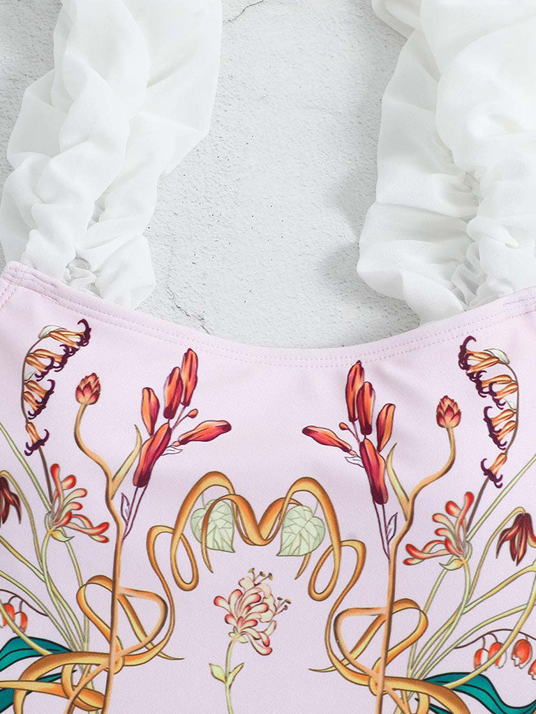 Pink Floral Print Flower Strap One Piece