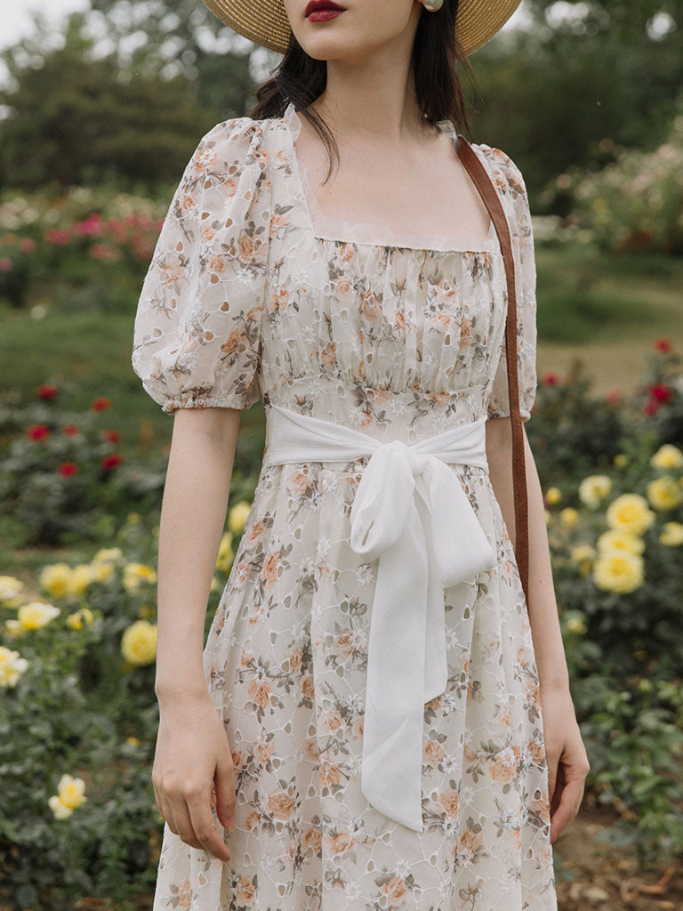 Floral Embroidered Lace Puffed Sleeve Chiffion Vintage Dress