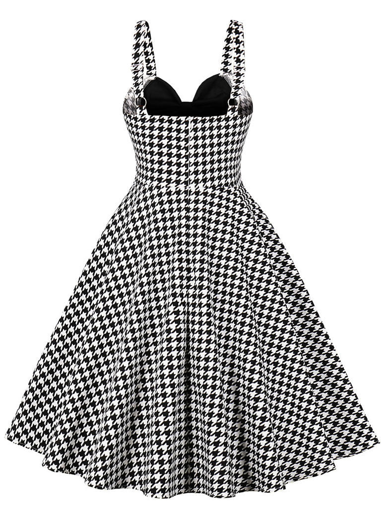 Black Houndstooth Print Spaghetti Strap 1950S Vintage Swing Dress