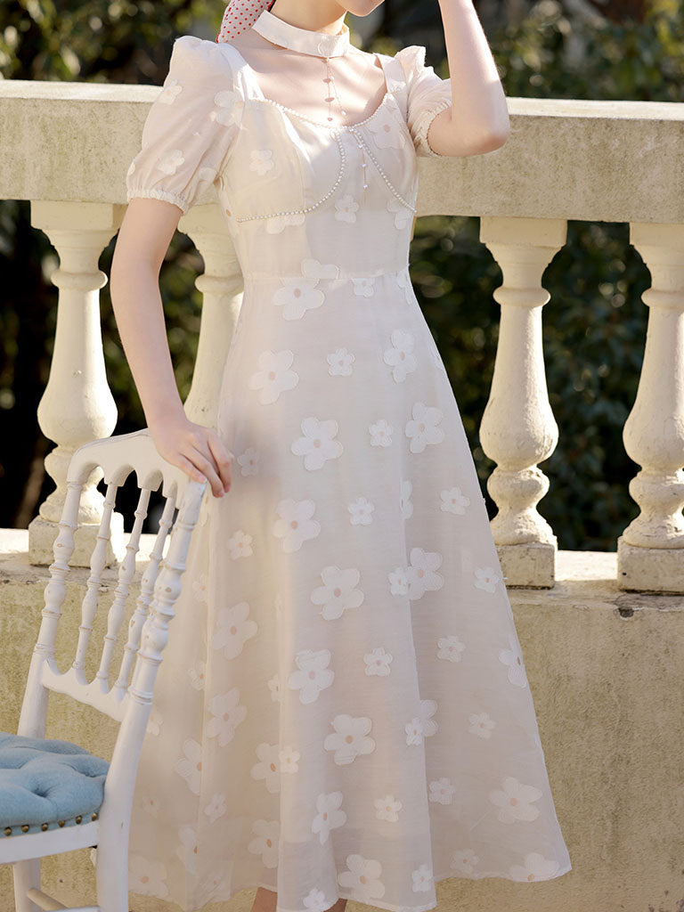 White Daisy Pearl Puff Sleeves 50S Vintage Dress