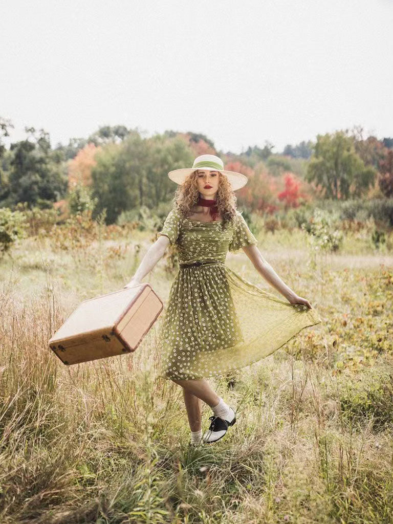 Green Daisy Puff Sleeve Smocking Chiffon 1950S Vintage Dress