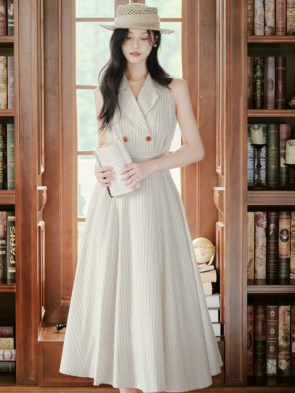White V Neck Vertical Striped Vintage Dress