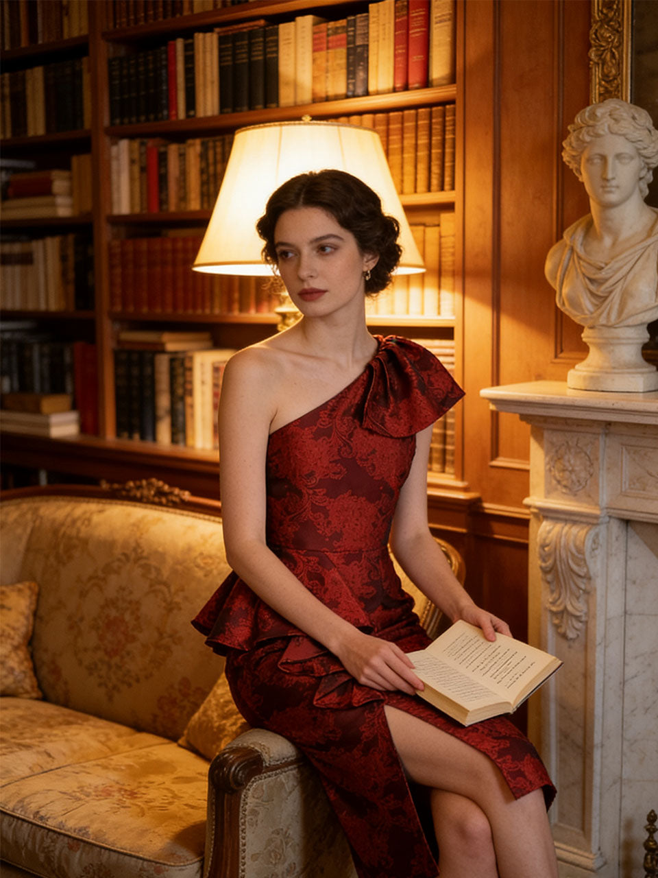 Red Jacquard One Shoulder Ruffle Bodycon Dress