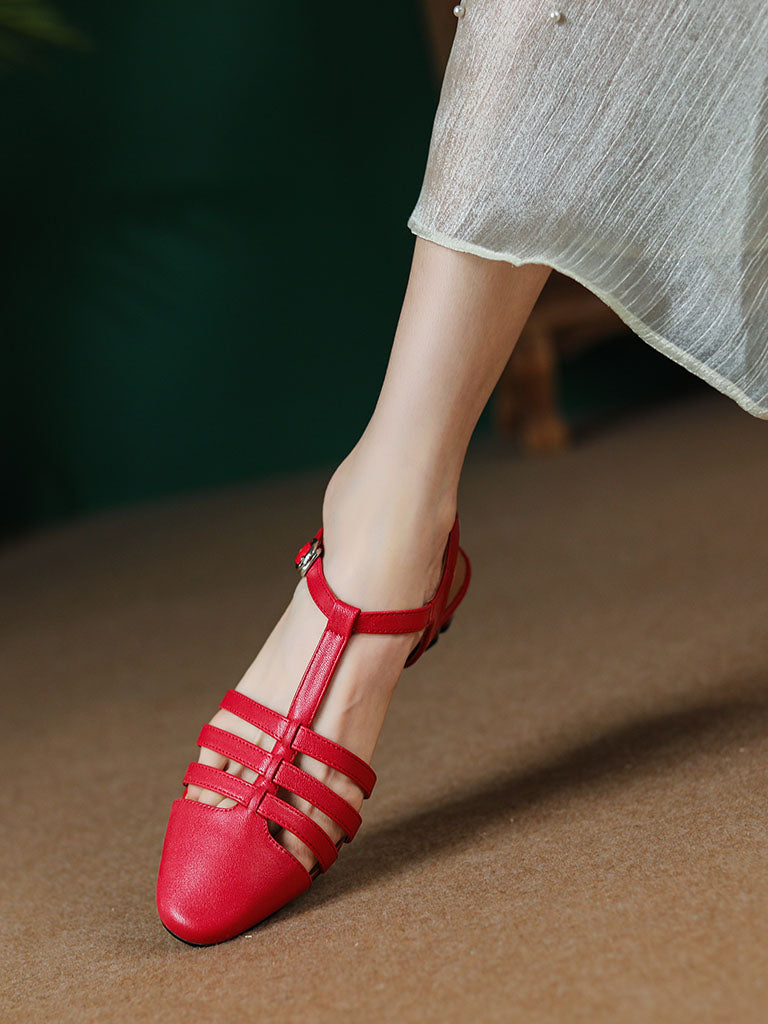 Flats Sandals Round Toe Hollow Belt Leather Vintage Shoes