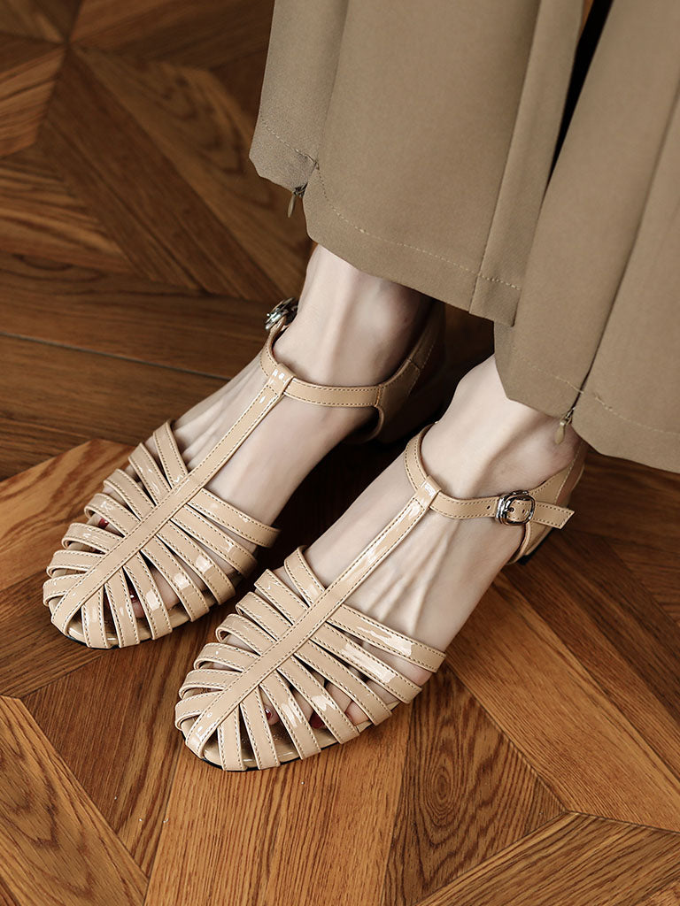 Flats Sandals Pointed Toe Hollow Belt Leather Vintage Shoes