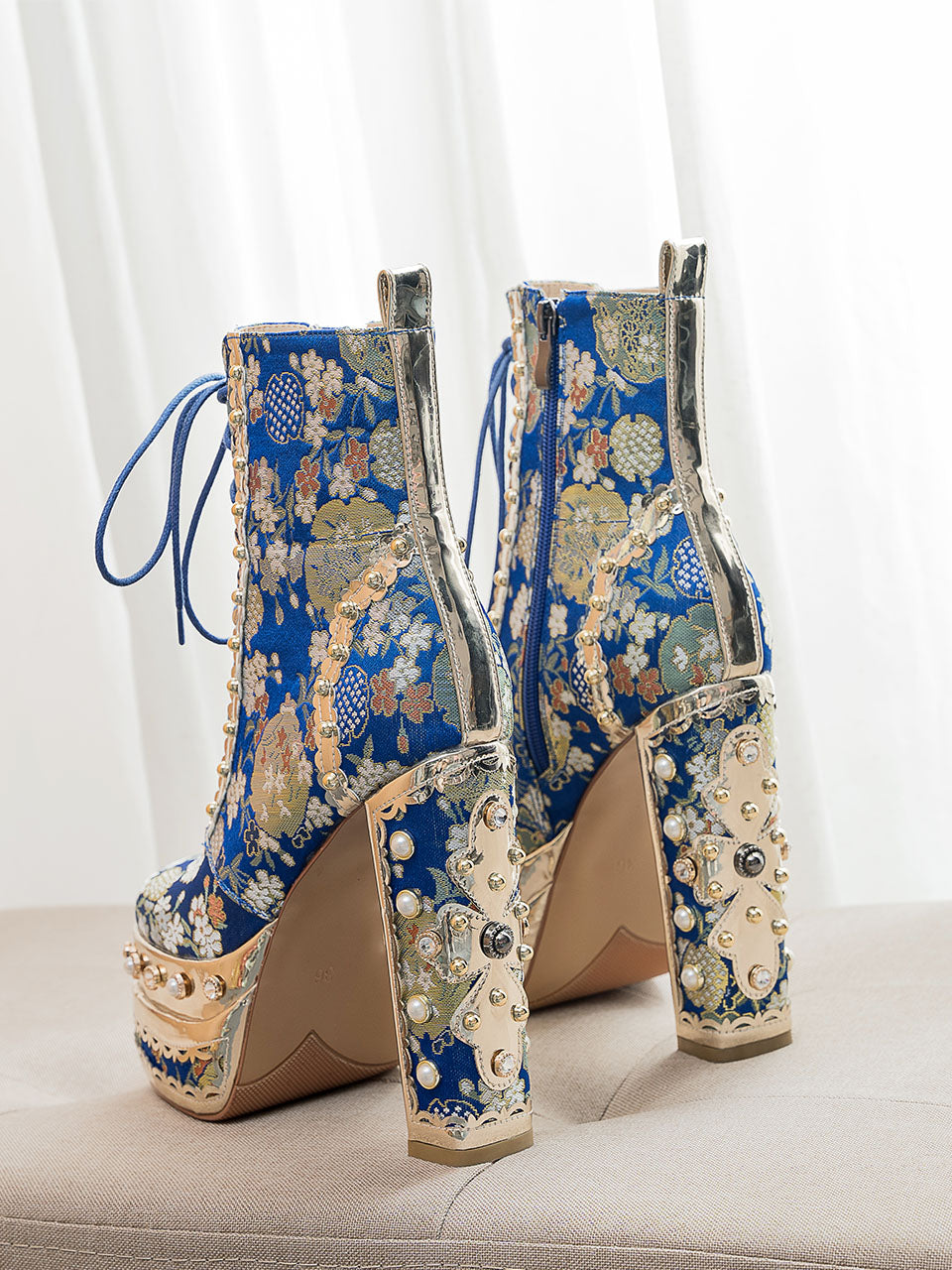 15CM Luxury Embroidered Chunky High Heel Platform Bootie Vintage Shoes