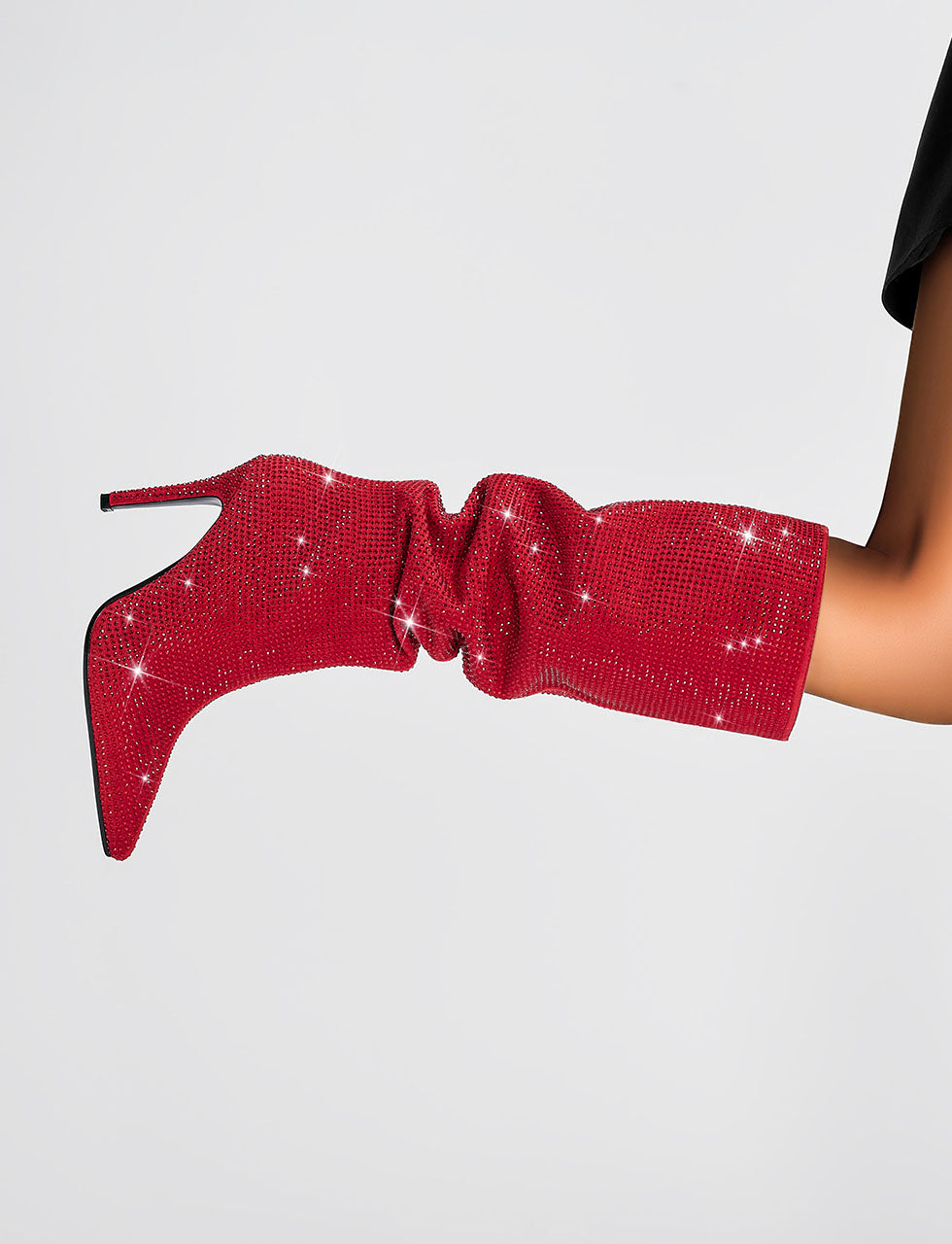 Red High Heel Pointed Toes Luxury Bling Rhinestone Boots Shoes