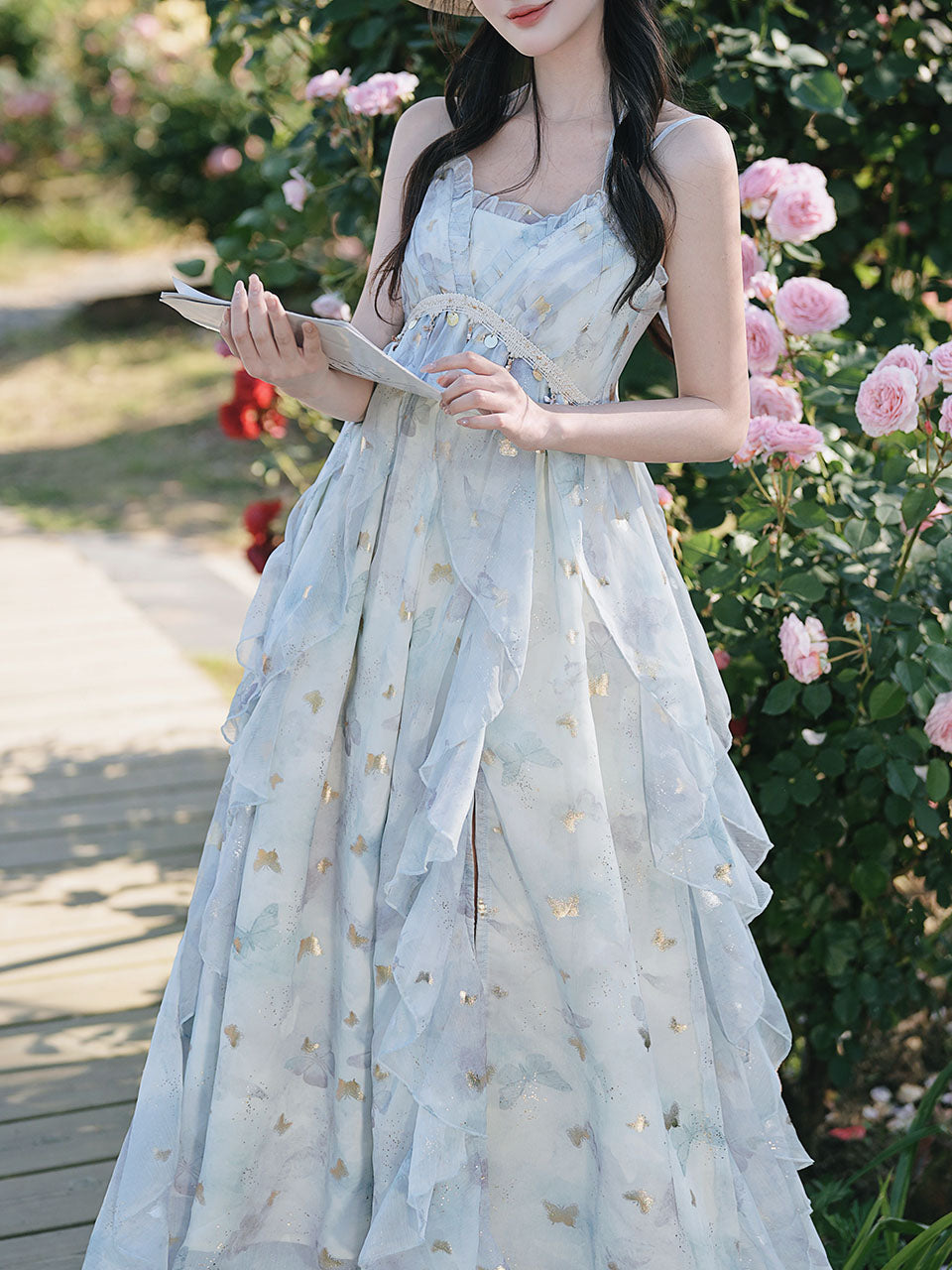 Fairycore Butterfly Maxi Dress Glitter Ruffle Halter Prom Gown