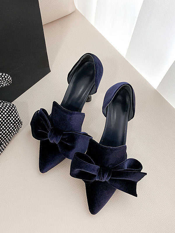 Big Bow Velvet Cylindrical Heel Pointed Toe Vintage Shoes