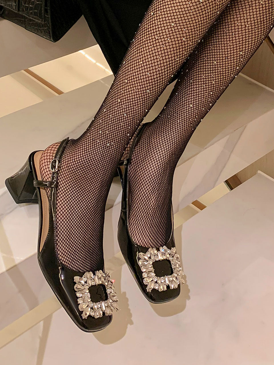 Round Toe Rhinestones Chunky Heel Sandals Leather Vintage Shoes