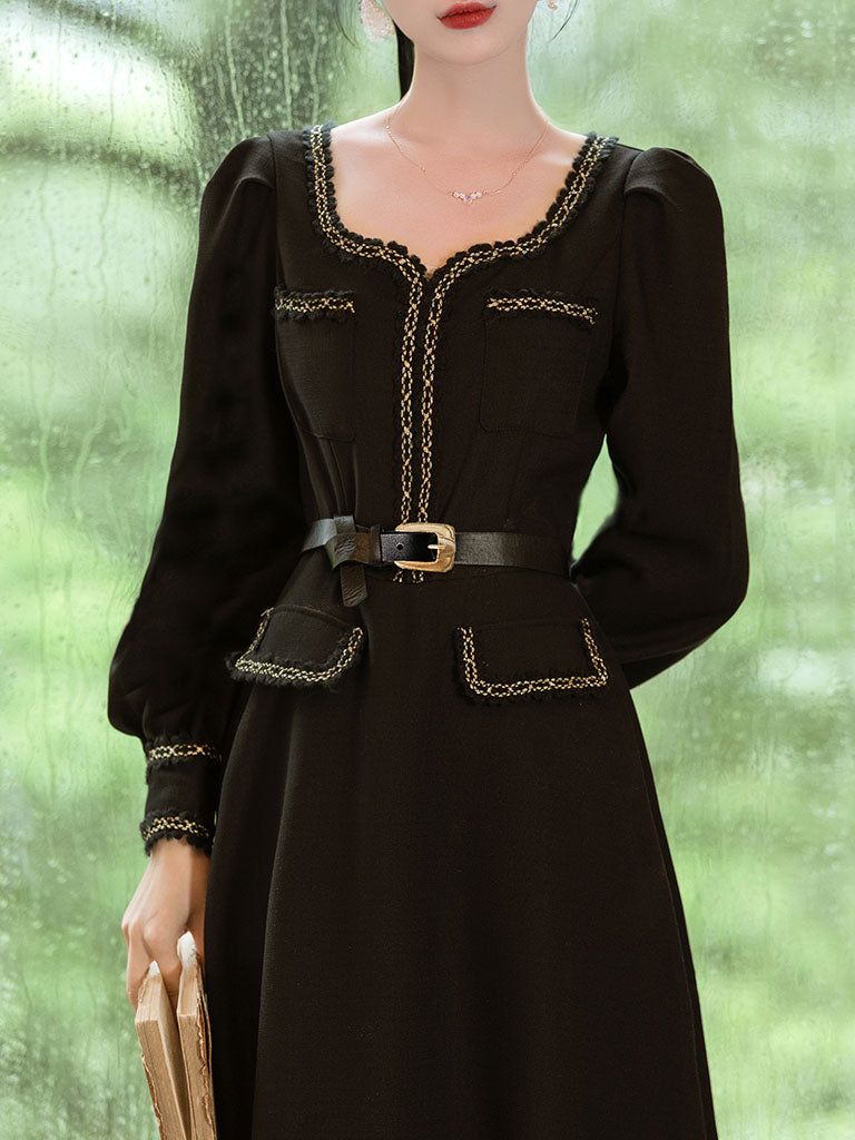 Black Ballet Square Collar 1950S Vintage Little Black Dress