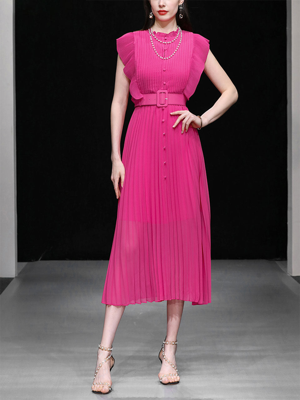 Rose Crew Neck Ruffles Pleated 1970S Vintage Dress