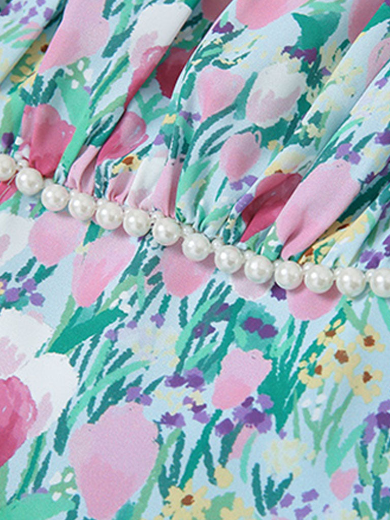 Blue Tulip Print Pearl 1950S Vintage Dress