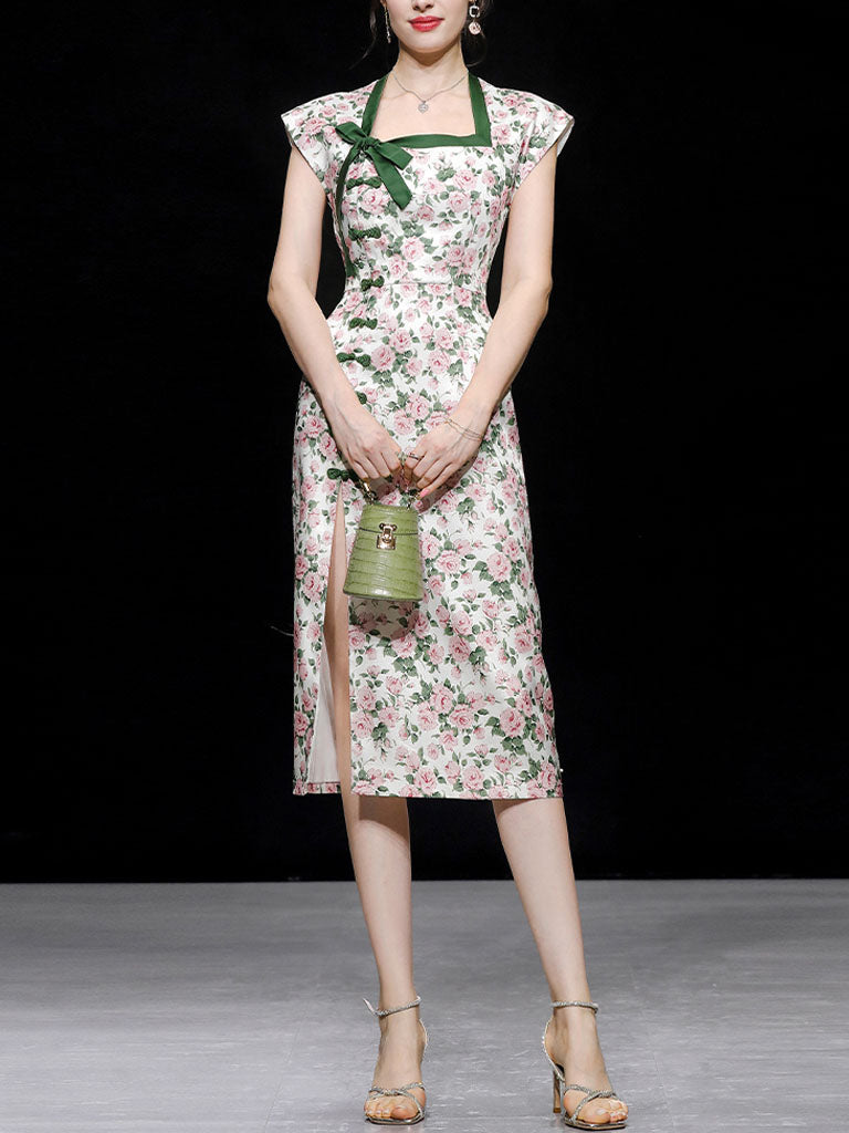 Green Rose Square Collar Split Cheongsam Dress