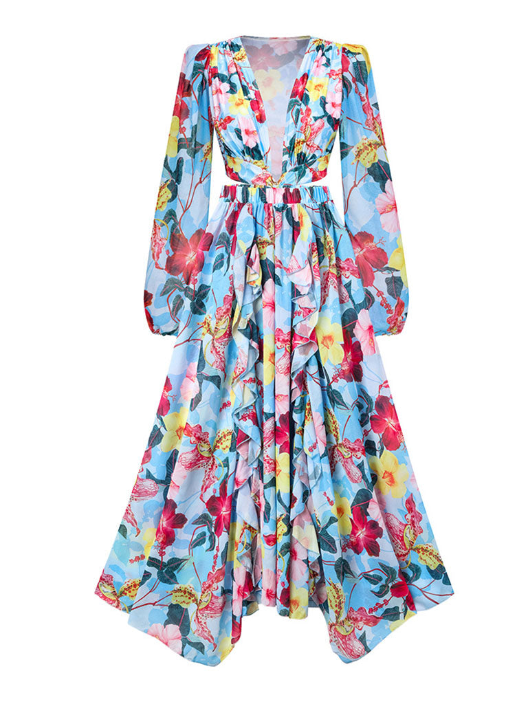 Blue Flower Print Ruffles Long Sleeve One Piece