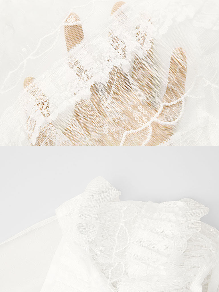 White Romantic Wedding Ruffles V-Neck Sequin Lace Irregular Hem Dress