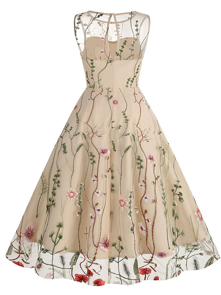 Wine Red Semi Mesh Flower Embroidered Sleeveless 50S Swing Dress