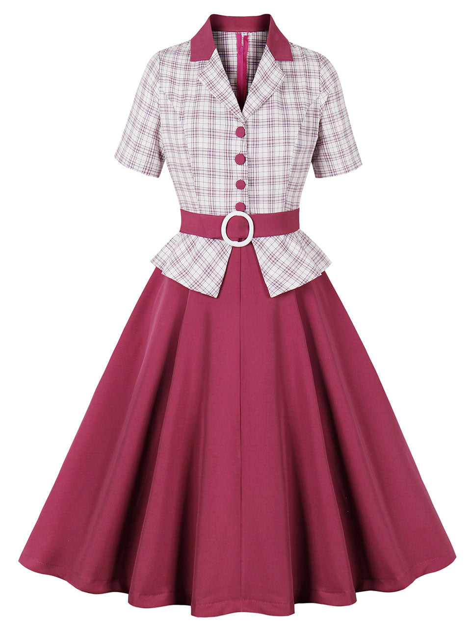 1950S Wine Red Plaid Short Sleeve Vintage Swing Dress