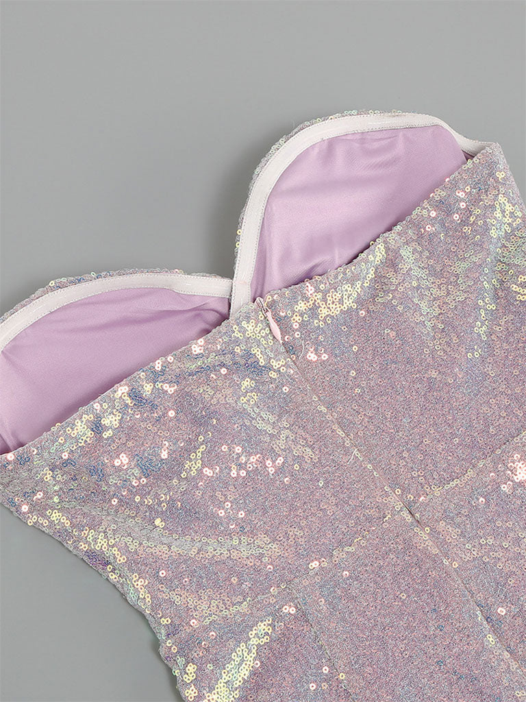 Purple Sweet Feather Hem Sequin Strapless Bodycon Gown Party Dress