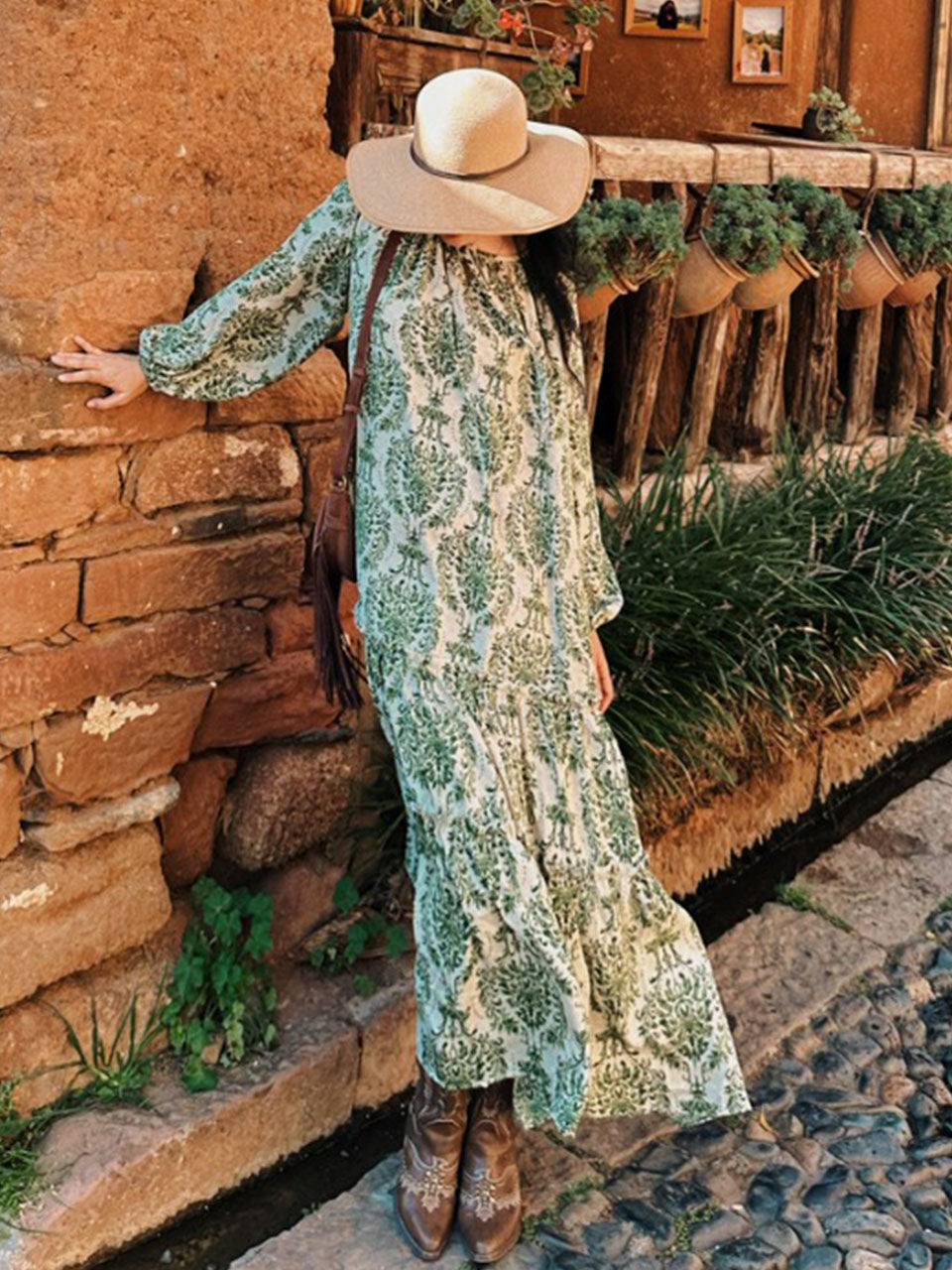 Bohemian Green Print Boho Maxi Dress Outfit