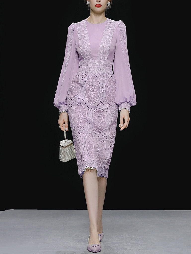 Lilac Lantern Sleeve Embroidered Lace Chiffon 1930S Dress