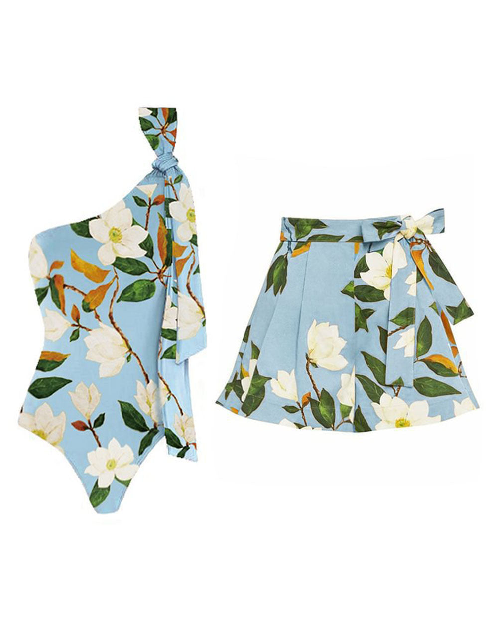 Blue One Shoulder Two Piece Floral Print Swimsuit