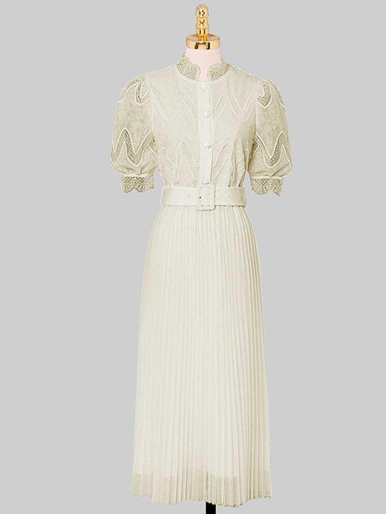 Apricot Stand Collar Puff Sleeve Mesh Pleated Dress