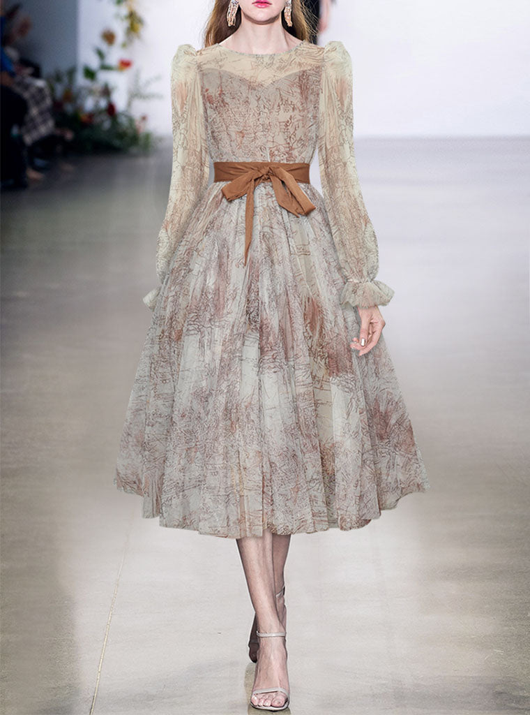 Retro Palace Puffed Sleeves Lace Tulle Print Vintage Swing Dress