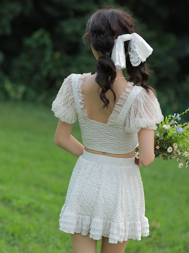 2PS White Lace Fairy Vintage Two Piece Bikinis Swimwear Bathing Suit