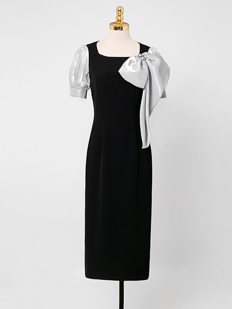Black Big Sweet Bow Vintage Square Collar Puffed Sleeve 1960S Dress