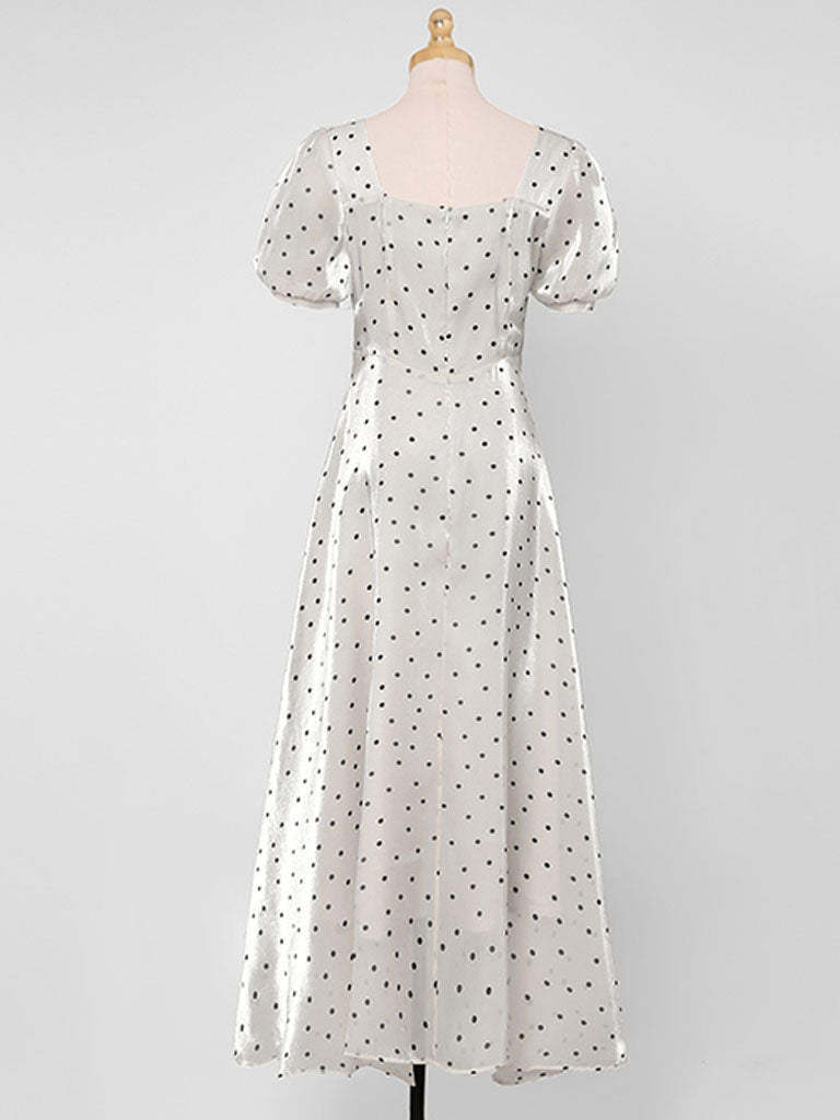 Apricot Polka Dots Puff Sleeve Vintage Style 1950S Dress