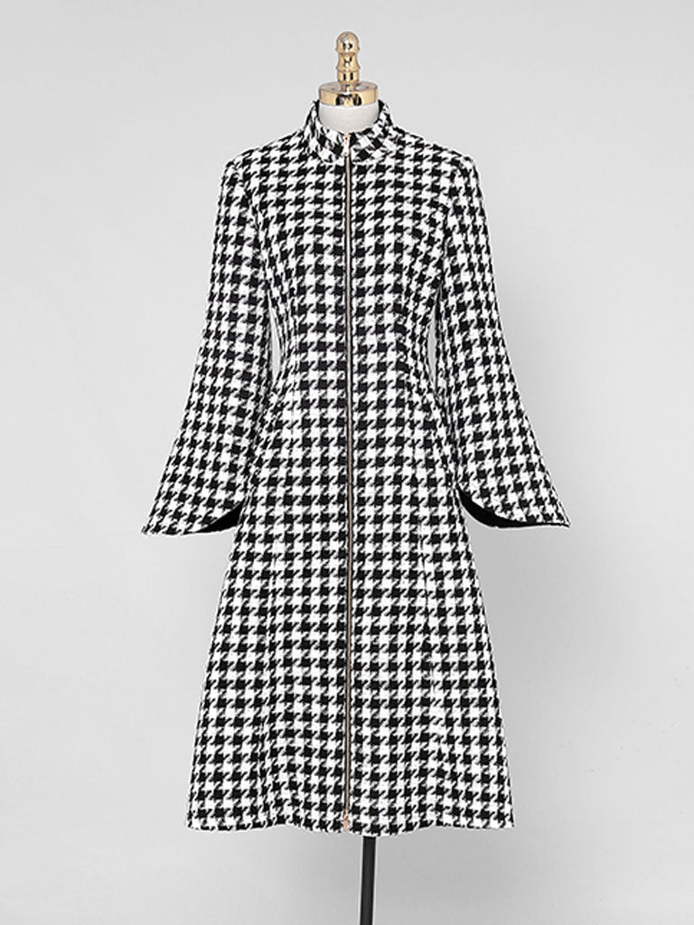 2PS Stand Collar Flared Sleeve  Houndstooth Wool Coat