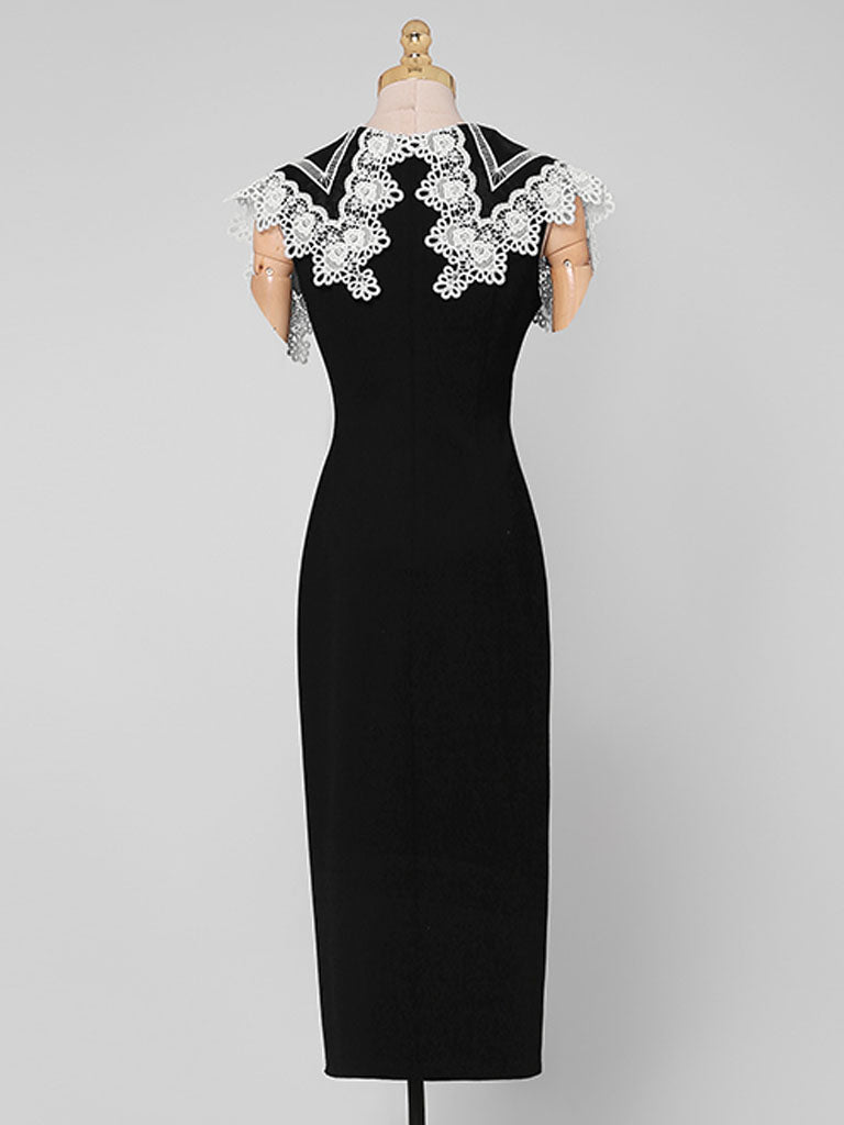 White Big Sweet Lace Collar Sleeveless Bodycon 1960S Black Slit Dress