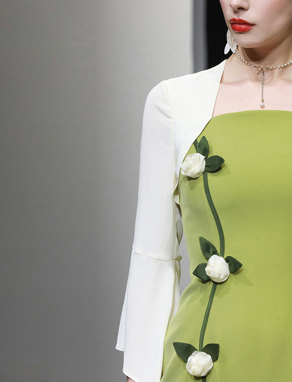 Green Square Collar Cape Sleeve Flower 1940S Vintage Dress