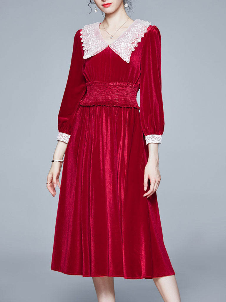 Vinatge Red Lace Long Sleeve Swing Velvet Dress