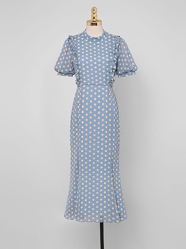 Blue Polka Dots Puff Sleeve Vintage Chiffon Dress