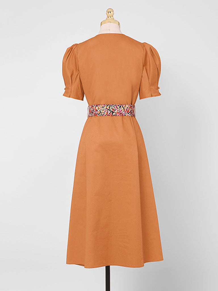 Orange V Neck Puff Sleeve Audrey Hepburn Style 50S Vintage Dress