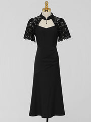 1950S Swing Queen Anne Lace Neckline Little Black Dress