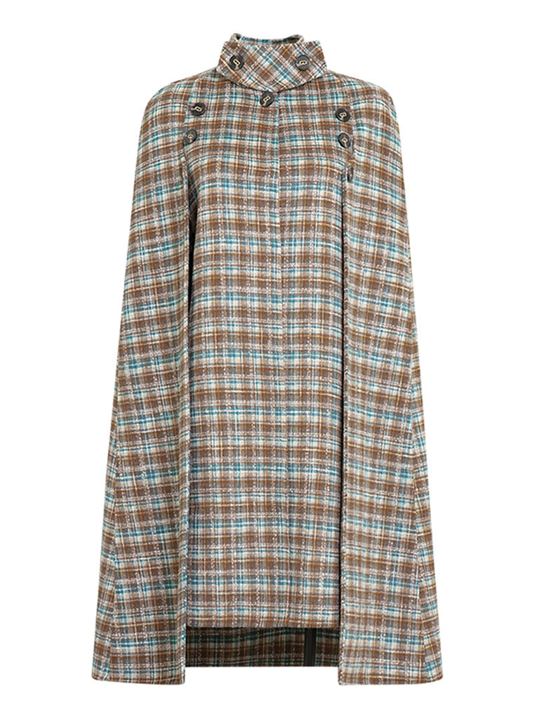 Sweet Brown Plaid Long Sleeve Dress Cape Coat