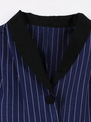 1950S Navy Vertical Stripes 3/4 Sleeve Vintage Swing Dress