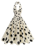 White and Black Polka Dots Halter Backless 1950S Vintage Swing Dress inspired by Cruella